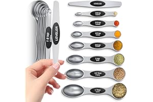 HOWGOODY Magnetic Measuring Spoons Set with Strong N45 Magnets, Heavy Duty Stainless Steel Metal, Fits in Most Kitchen Spice Jars for Baking & Cooking, BPA Free, Multicolor, Set of 8 with Leveler（Black)