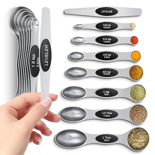 Magnetic Measuring Spoons Set with Strong N45 Magnets, Heavy Duty Stainless Steel Metal, Fits in Most Kitchen Spice Jars for Baking & Cooking, BPA Free, Multicolor, Set of 8 with Leveler（Black)