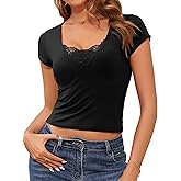 TAIPOVE Pima Cotton Tshirts for Women Short Sleeve Lace Deep V Neck Cute Crop Top Casual Summer Going Out Shirts