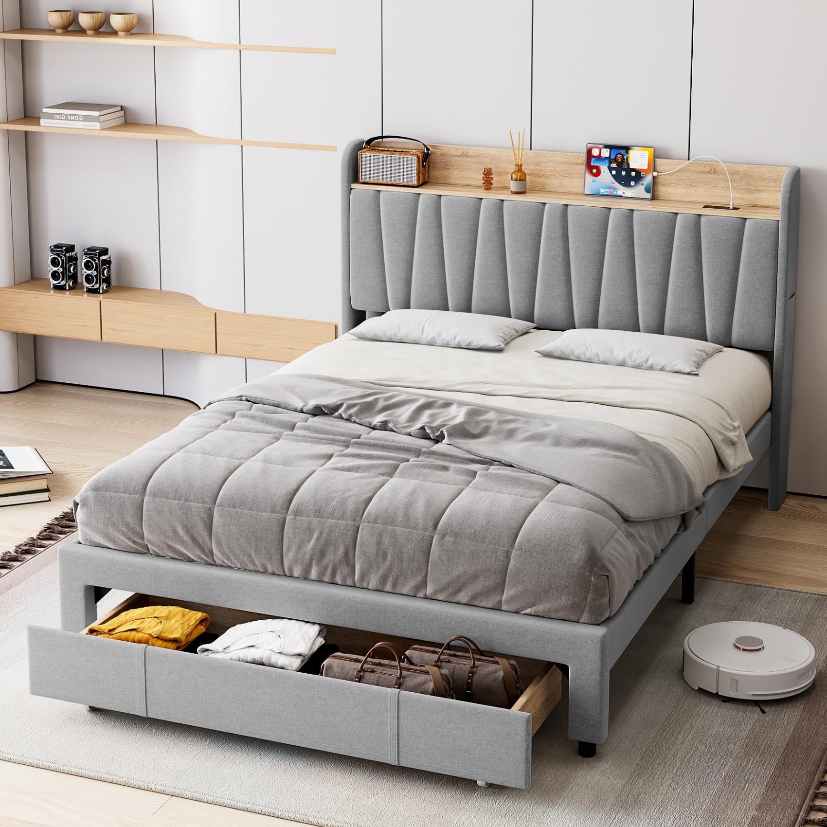 Photo 1 of *HARDWARE IS MISSING PIECES* GarveeHome Upholstered Bed Frame with Storage Headboard and Charging Station, Platform Bed Frame with Drawers, Heavy Duty, No Box Spring Needed, Easy Assembly, Grey, Full Size