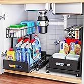 2 Pack Under Sink Organizers and Storage,Pull Out Cabinet Organizer,2-Tier Sliding Out Kitchen Basket Sink Shelf Cabinet Organizers Adjustable L Shape Counter Organizers for Bathroom Kitchen (Black)