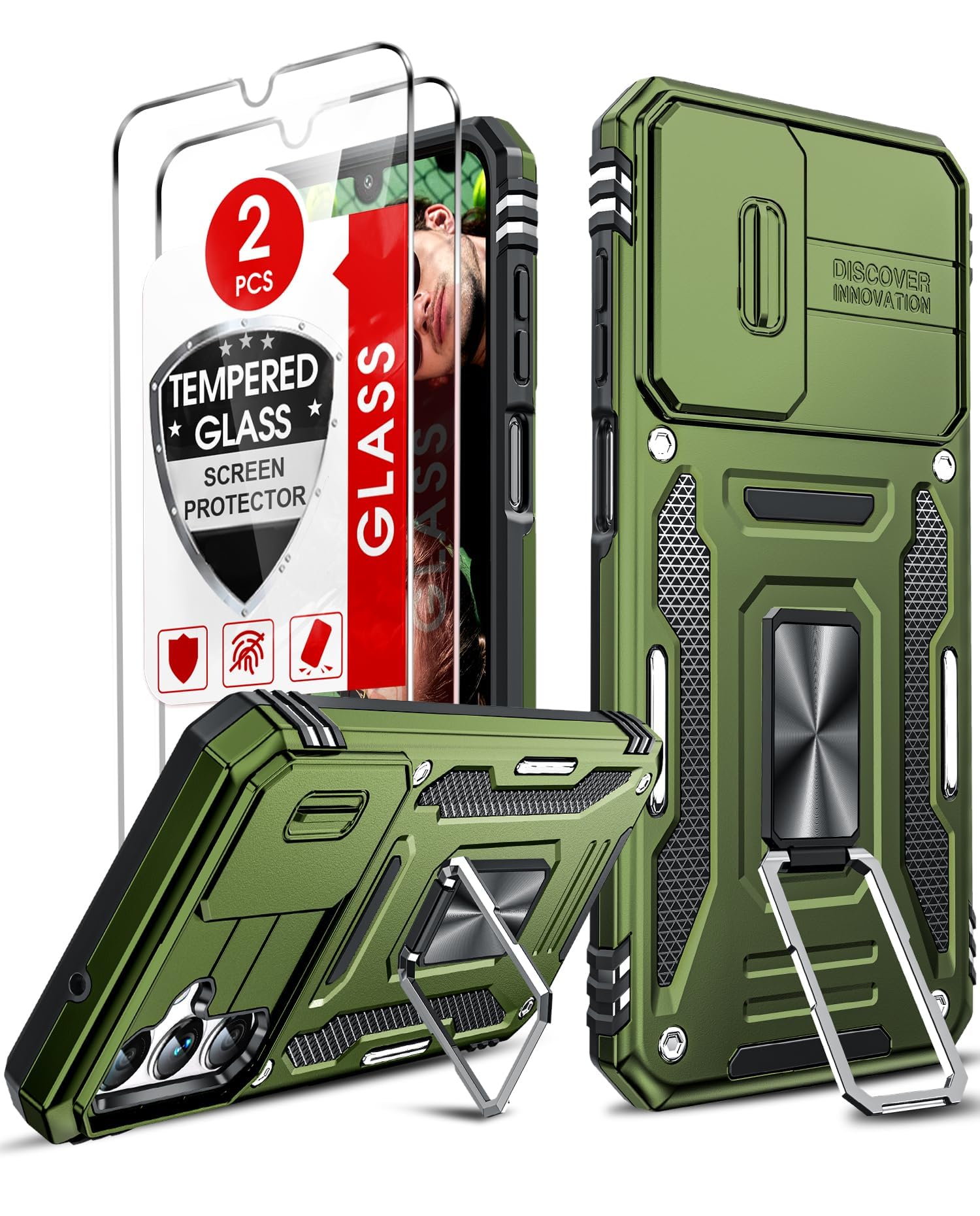 LeYi Compatible for Samsung A14 5G Case: Galaxy A14 5G Phone Case with 2X Screen Protectors, Magnetic Stand Full Body Dual Shield Protective Carcasa para Celulare Telefono Galaxy 14A 4G, Olive Green