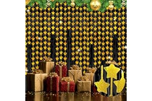 OQOQ Gold Star Decorations(4 Packs), 3.3x6.6ft Golden New Year Party Decorations Black Tinsel Fringe Curtains for Birthday Bridal Baby Shower Anniversary Congrats Retirment Christmas Photo Booth Props