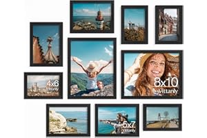 Vittanly 10 Pack Picture Frames Collage Wall Decor, Gallery Wall Frame Set for Wall or Tabletop Display, Engineered Wood and Shatter-resistant Plexiglass, Multi Sizes with 8x10, 5x7, 4x6 Frames, Black