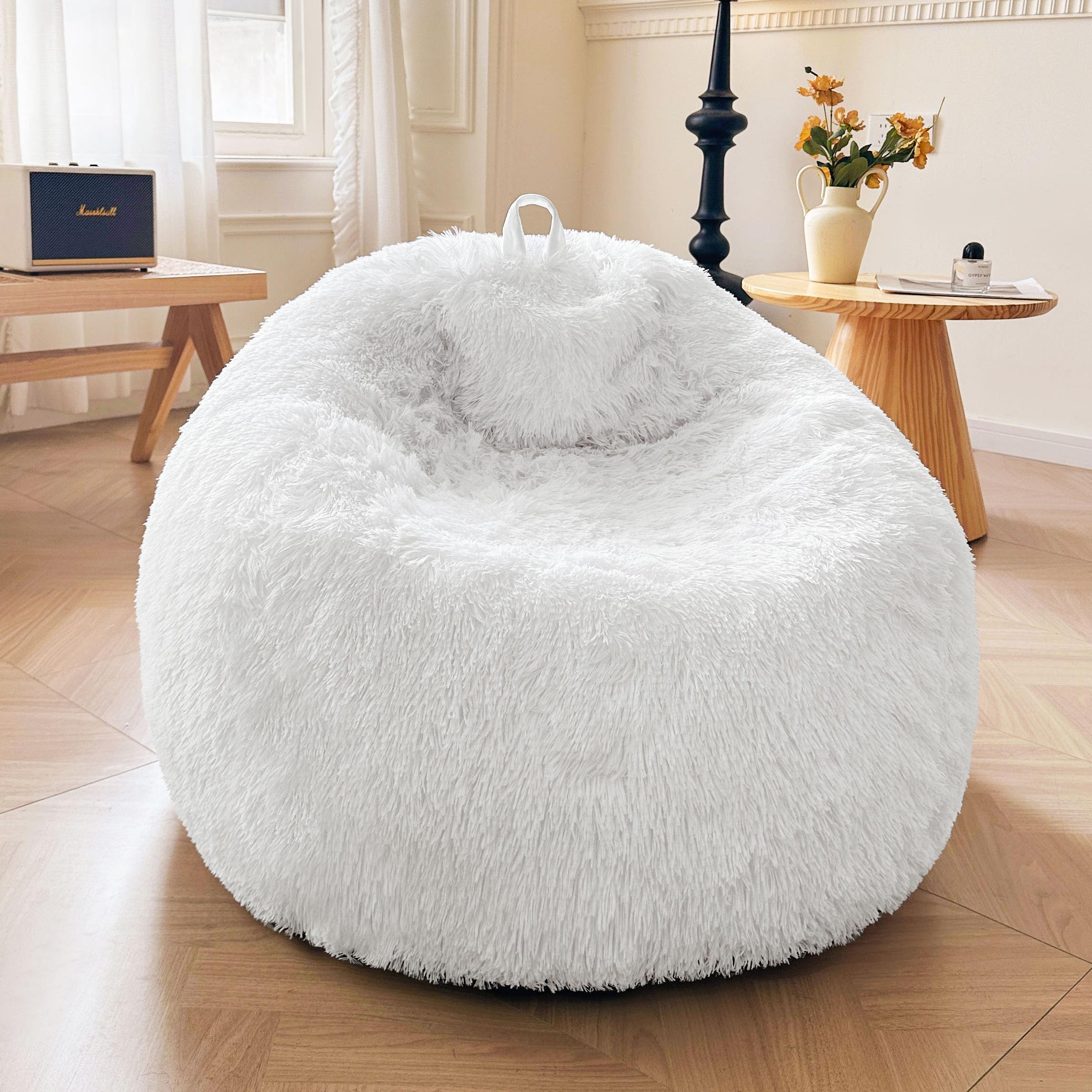 Photo 1 of XeGe Faux Fur Bean Bag Cover(No Filler), Fluffy Stuffed Animal Storage Bean Bag Chair Cover for Bedroom Home Decor, Furry Fuzzy Big Gaming Bean Bag Cover for Adults Teens Kids Girls, Anti-Slip, White