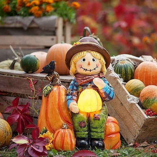 TERESA'S COLLECTIONS 16cm Solar LED Pumpkin Scarecrow Autumn Decorations– Hand‑Painted Resin Garden Ornament, Weatherproof Autumn & Halloween Porch Ornaments, Harvest Table Centrepiece