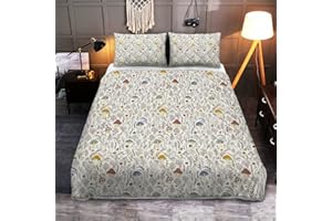 SOULZZZ Mushroom Coverlet Set 3 Piece, Colorful Mushroom Decor King Bedding with Plants and Flowers, Aesthetic Kawaii Room Decor Bedspread Quilt Set for Kids Adults Boys Girls, Queen, Cream