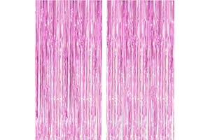 I-CHONY 2 Pcs 3.2ft x 8.2ft Shiny Pink Metallic Tinsel Foil Fringe Curtains Photo Booth Pink Backdrop for Birthday Wedding Bridal Shower Baby Shower Bachelorette Party Decorations