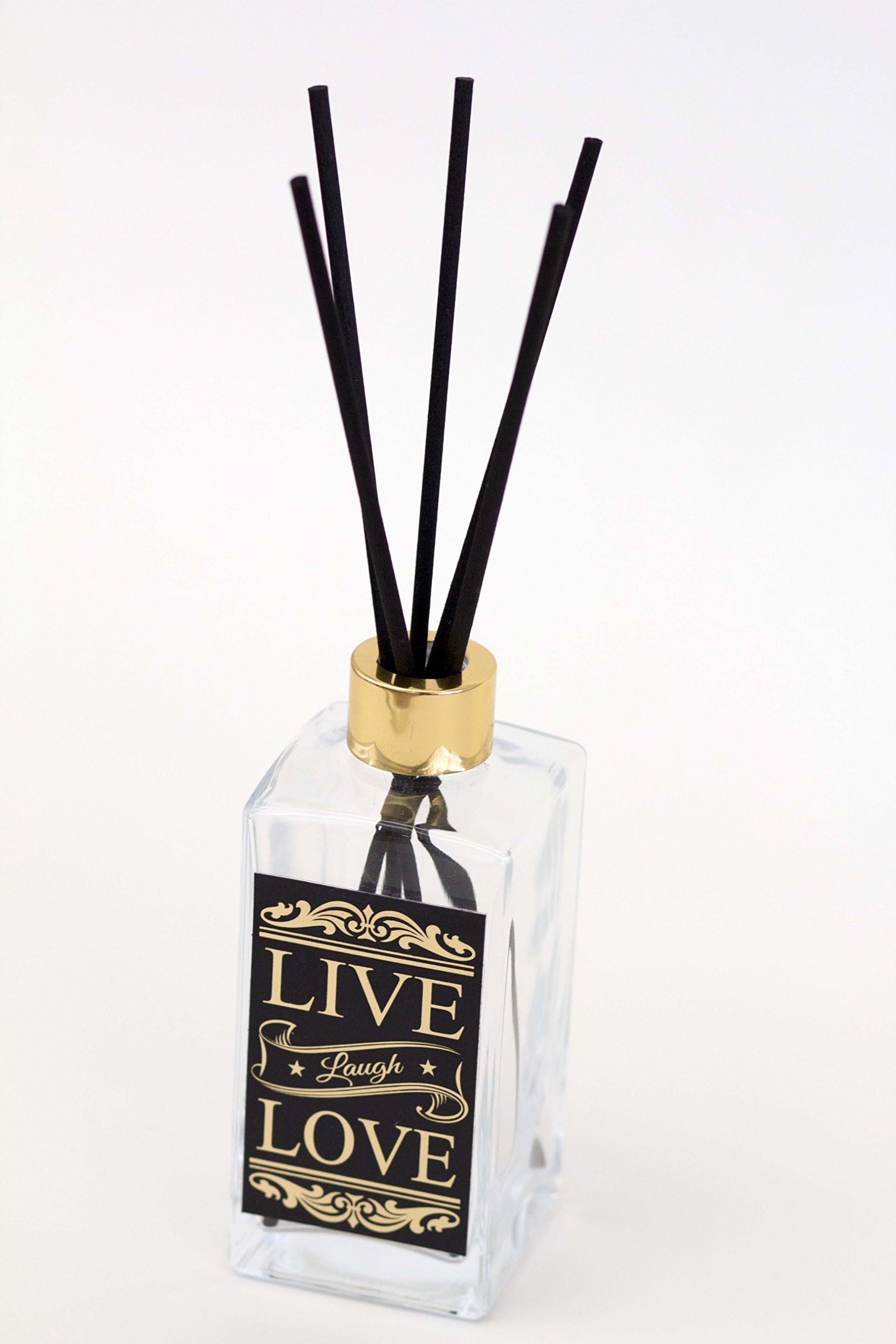 K11 Photo Aroma Decorative Glass Bottle Live Laugh Love, Reed Sticks, 8.5 oz 250 ml, for Air Freshener home decor empty no fragance.