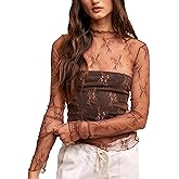 Girece Lace Tops for Women Long Sleeve Mock Neck Mesh Top Sexy Sheer Shirts See Through Floral Blouses
