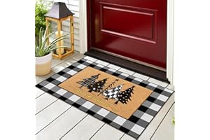 Fourluoo 2 Pcs Christmas Front Porch Rug Buffalo Plaid Christmas Door Mat Imitation Coco Coir Black White Xmas Tree Welcome Layering Rug for Outdoor Winter Home Festival Holiday Decor, 28 x 43 Inch