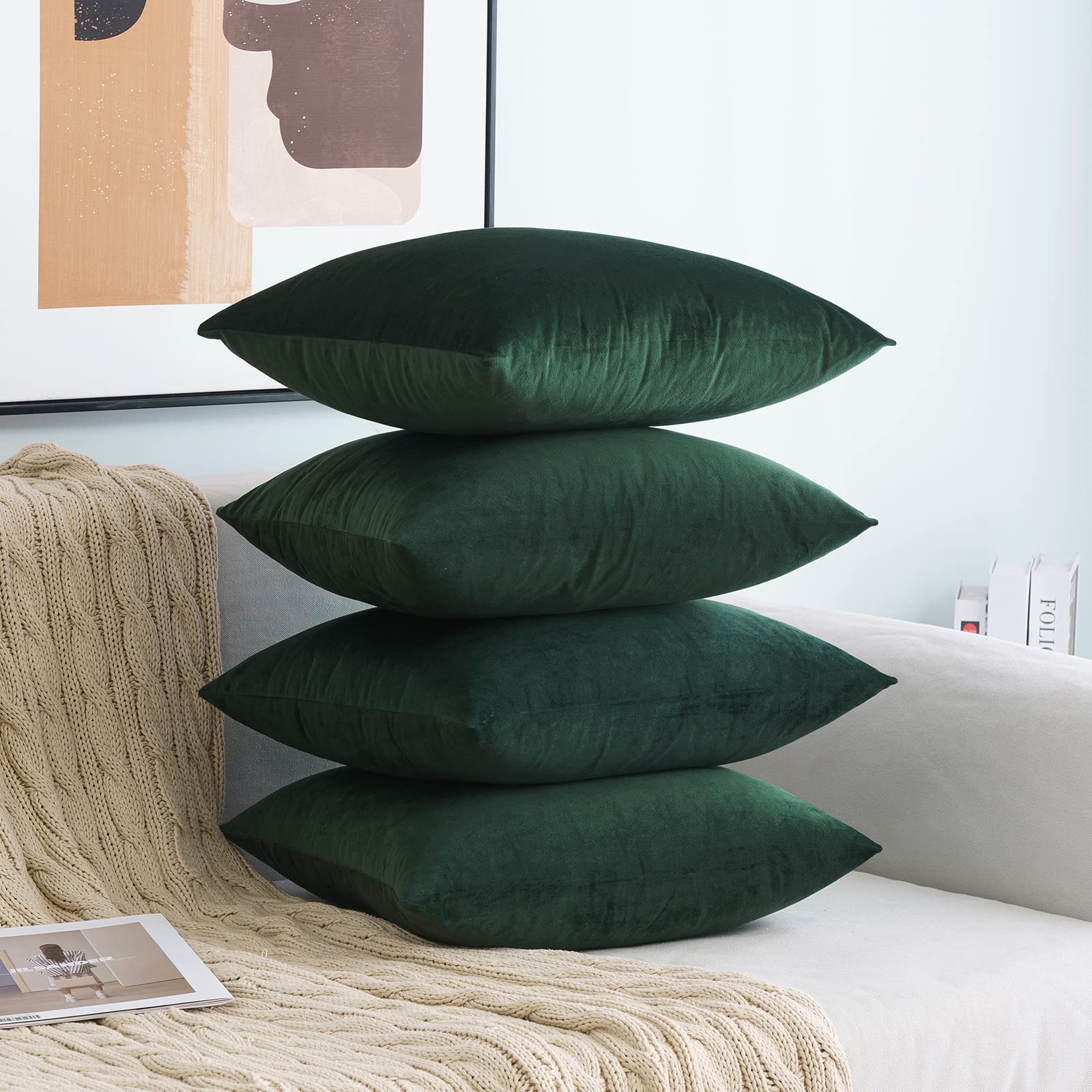 MIULEE Pack of 4 Velvet Cushion Covers Soft Decorative Square Throw Pillowcases with Invisible Zipper for Living Room Bedroom Sofa Couch Office Home 45x45 cm 18x18 Inch Dark Green