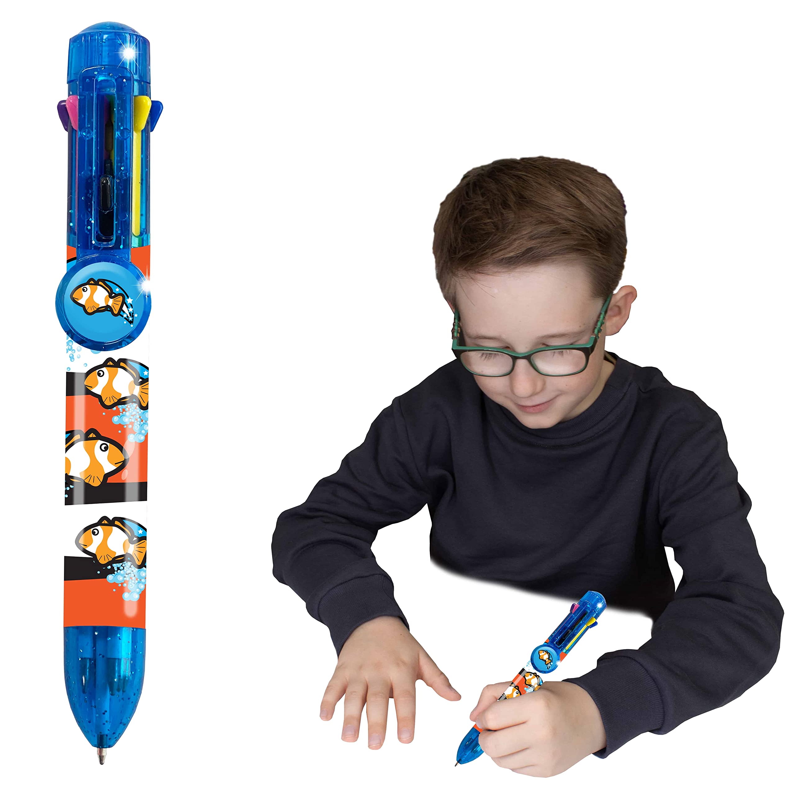 Rainbow Writer - Clown Fish Pen by Deluxebase. 8-in-1 Multicolour Retractable Ballpoint Pen with a Blue Glitter Barrel, Fun Novelty Kids Stationery, School Supplies or Party Bag Filler.