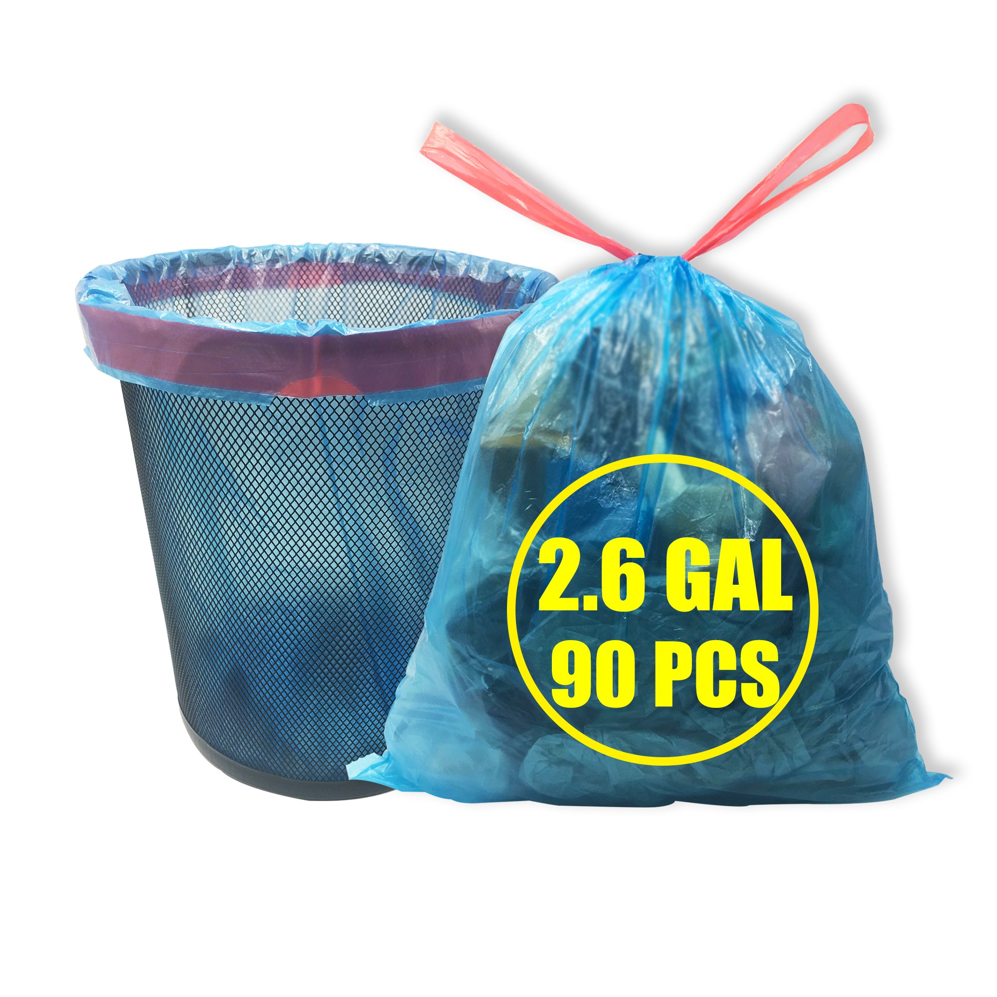 Small drawstring trash bags(2.6 gallon 3roll/90 counts) , Extra Strong Garbage Bag?blue?