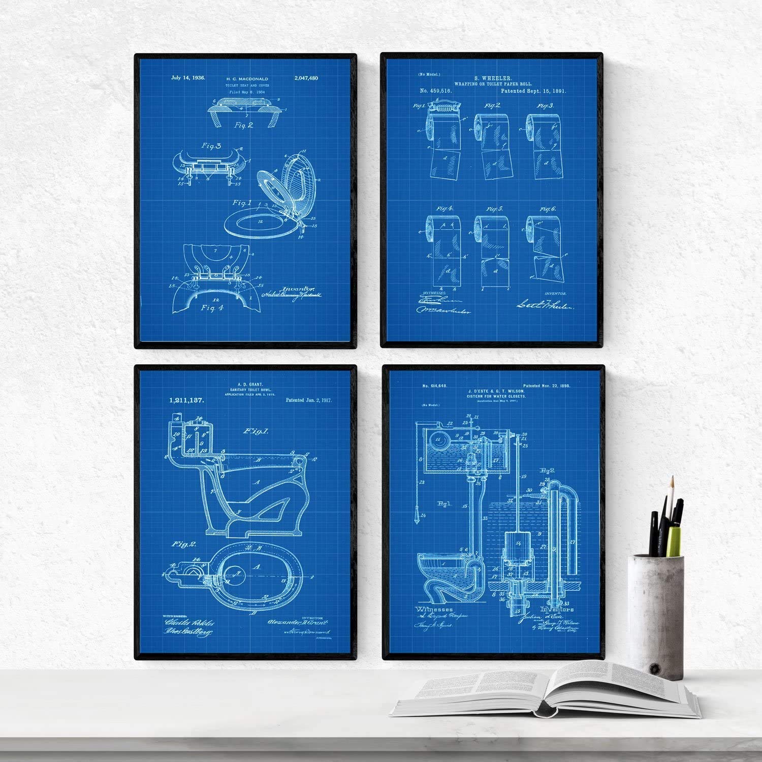 Nacnic BLUE - Pack of 4 sheets with patents Vater. Set posters with inventions and old patents. Choose the color you like. Printed on 250 grams