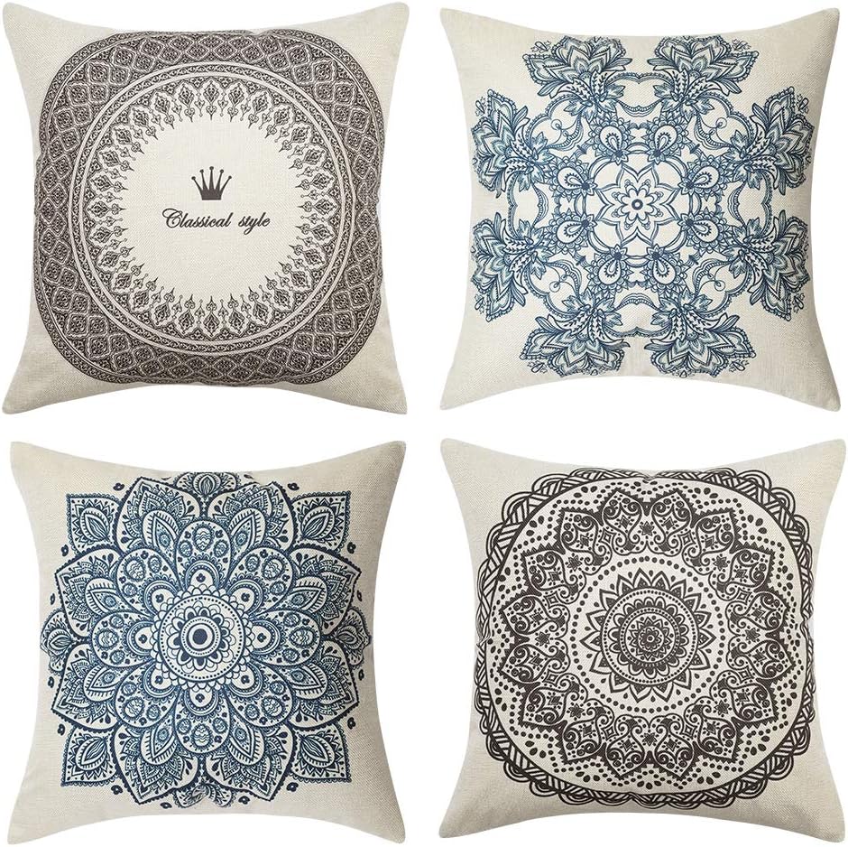 Pack of 4 MUILEE Decoretive Indian Hippie Bohemian Psychedelic Peacock Mandala Throw Pillow Covers Damask Pattern Cushion Case Shell Pillow Case for Car Sofa Bed Couch