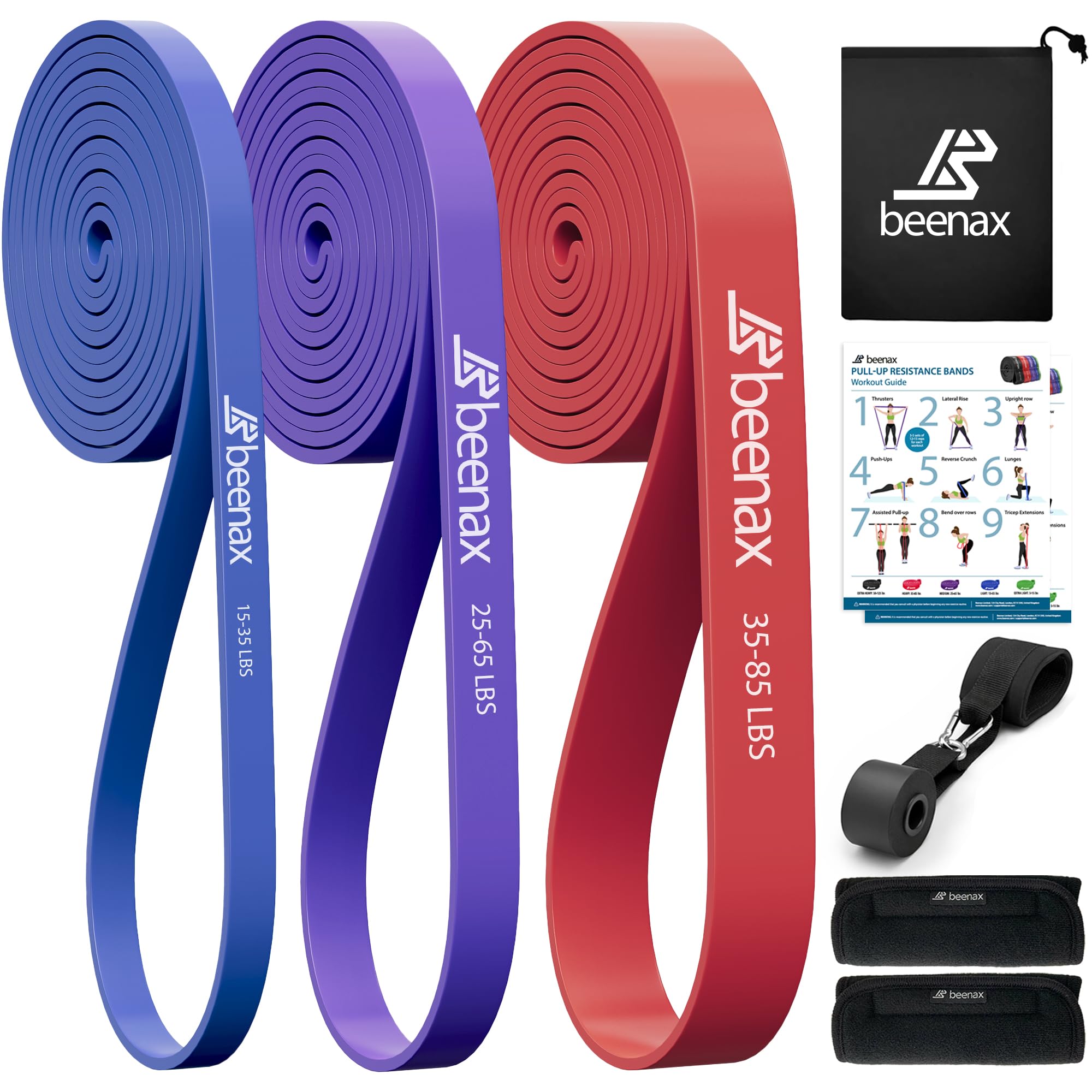 Beenax Resistance Bands Pull Up Set, 3 Levels Exercise Bands Men Women for Calisthenics, Powerlifting, Bodyweight Training, Stretching, Mobility, Yoga, Pull Up Assistance Bands with Door Anchor
