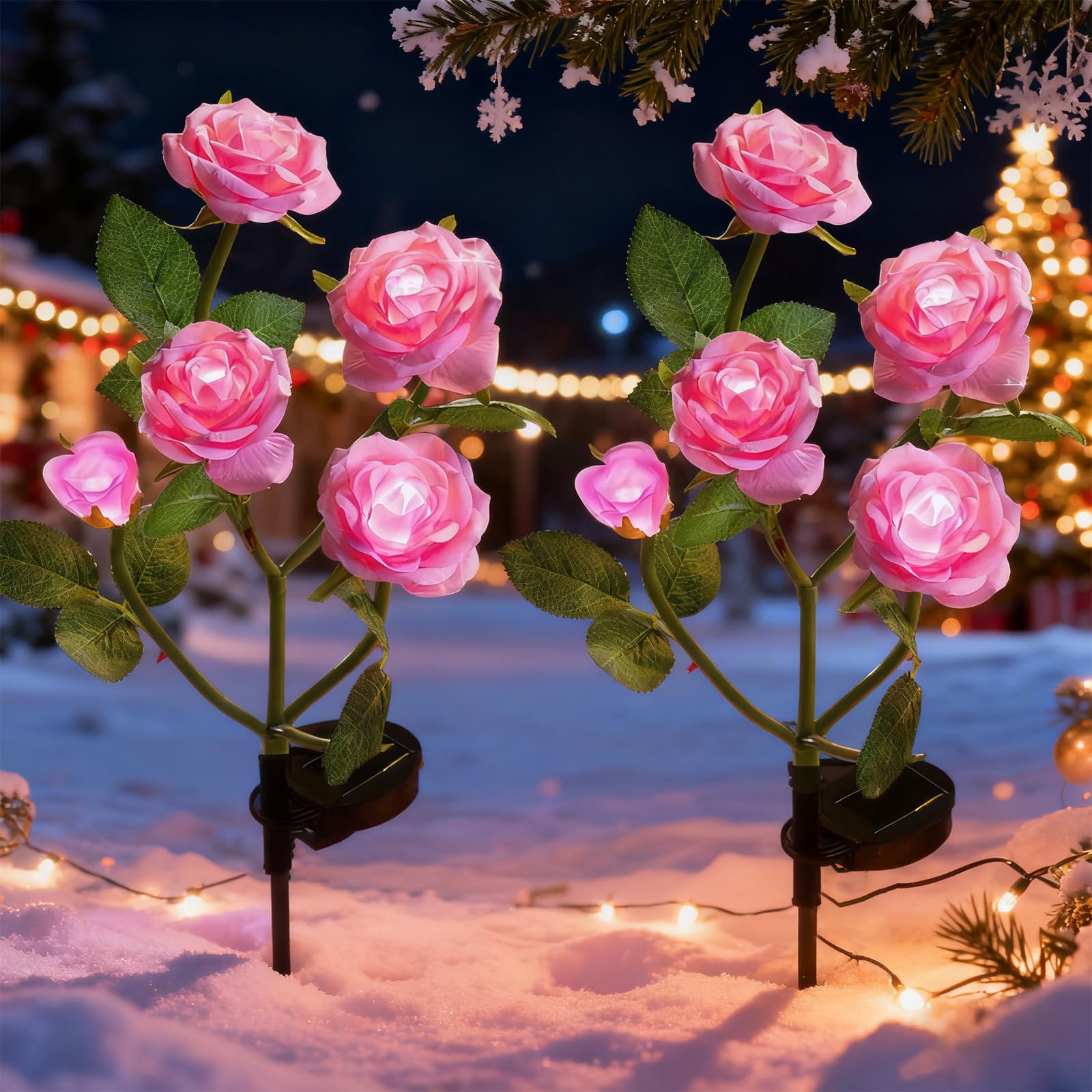 XRR Solar Lights Garden 2PACK Solar Lights Outdoor Led Solar Lamps Decorative with 10 Rose Flower, Solar Flower Lights for Lawn,Patio,Yard Pathway,Walkway Decoration(Pink)