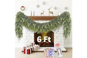 NUTIKAS Cedar Christmas Garland with Lights for Mantle - Decorations 6 ft Realistic Lighted Faux Pine Garlands for Xmas Home Decoration Indoor Stairs Railing Fireplace Outdoor 6ft Prelit Garland Door Decor