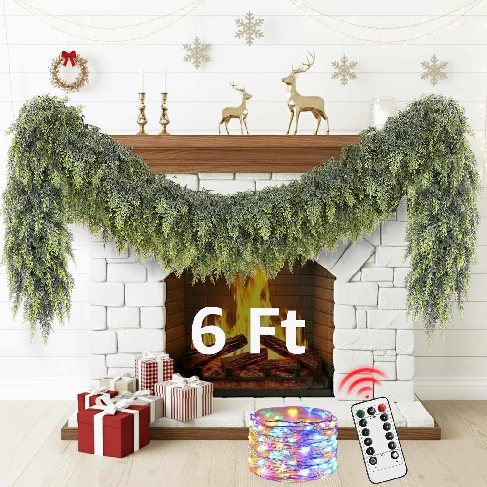 Photo 1 of Cedar Christmas Garland with Lights for Mantle - Decorations 6 ft Realistic Lighted Faux Pine Garlands for Xmas Home Decoration Indoor Stairs Railing Fireplace Outdoor 6ft Prelit Garland Door Decor