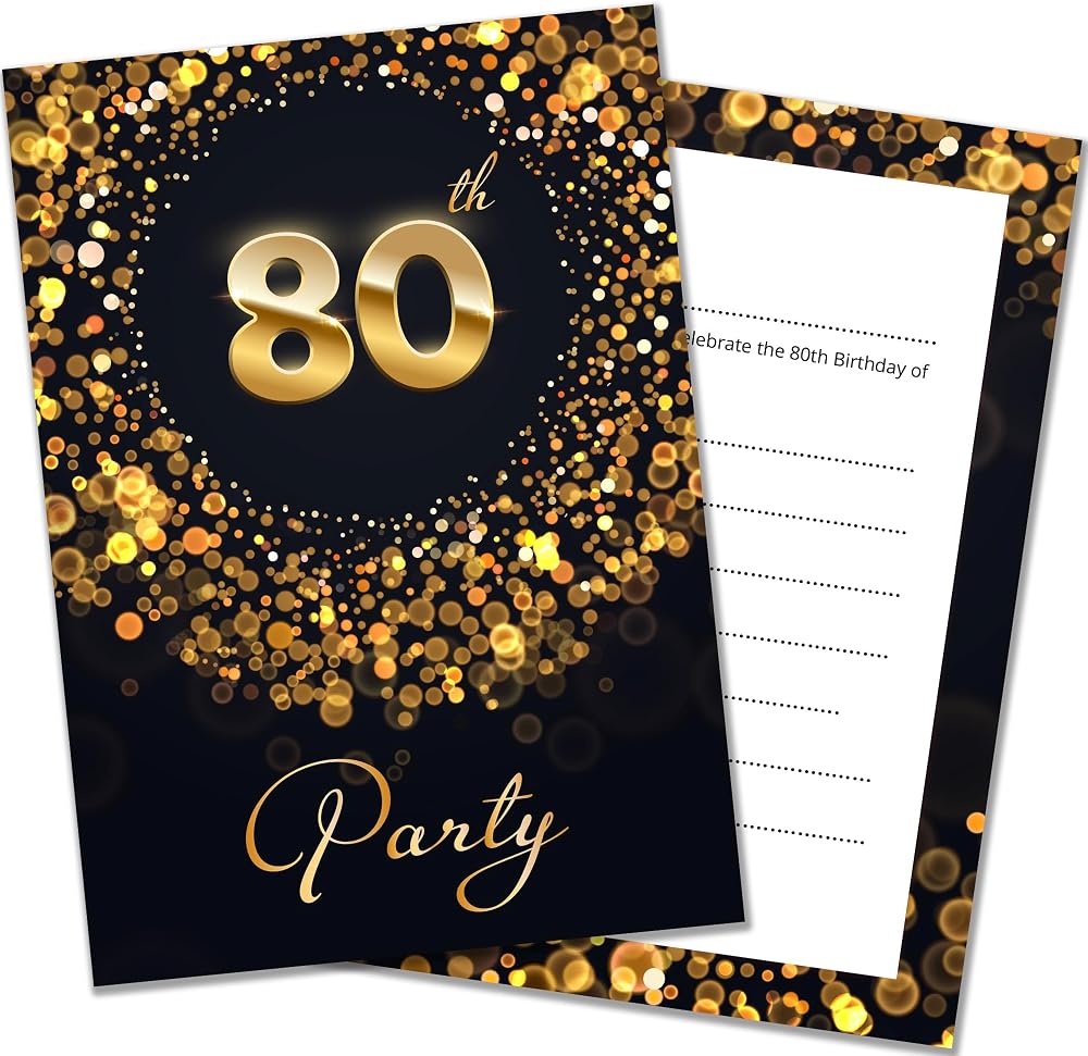 Olivia Samuel 80th Birthday Invitations Pack of 20 Black Gold Effect Cards