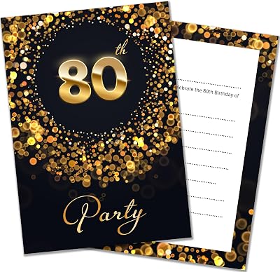 Olivia Samuel 80th Birthday Invitations Pack of 20 Black Gold Effect Cards