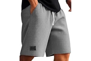 Men's Waffle Shorts Drawstring Casual Loose Fit Summer Athletic Shorts Lightweight Solid Color Short Pant with Pockets