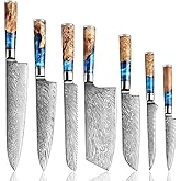 SENKEN 7-Piece Damascus Kitchen Knife Set - Tsunami Collection - 67-Layer Japanese VG10 Steel - Chef's Knife, Cleaver, Santoku, Bread, Boning, & More