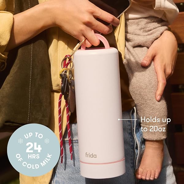 FRIDA MOM FLOW + GO BREASTMILK COOLER BOTTLE, 24HR PORTABLE BREASTMILK COOLER FOR TRAVEL, DESIGNED TO STORE BREASTMILK BAGS & BOTTLES, INCLUDES 2 ICE PUCKS & CARRYING HANDLES, LIGHTWEIGHT, 20OZ