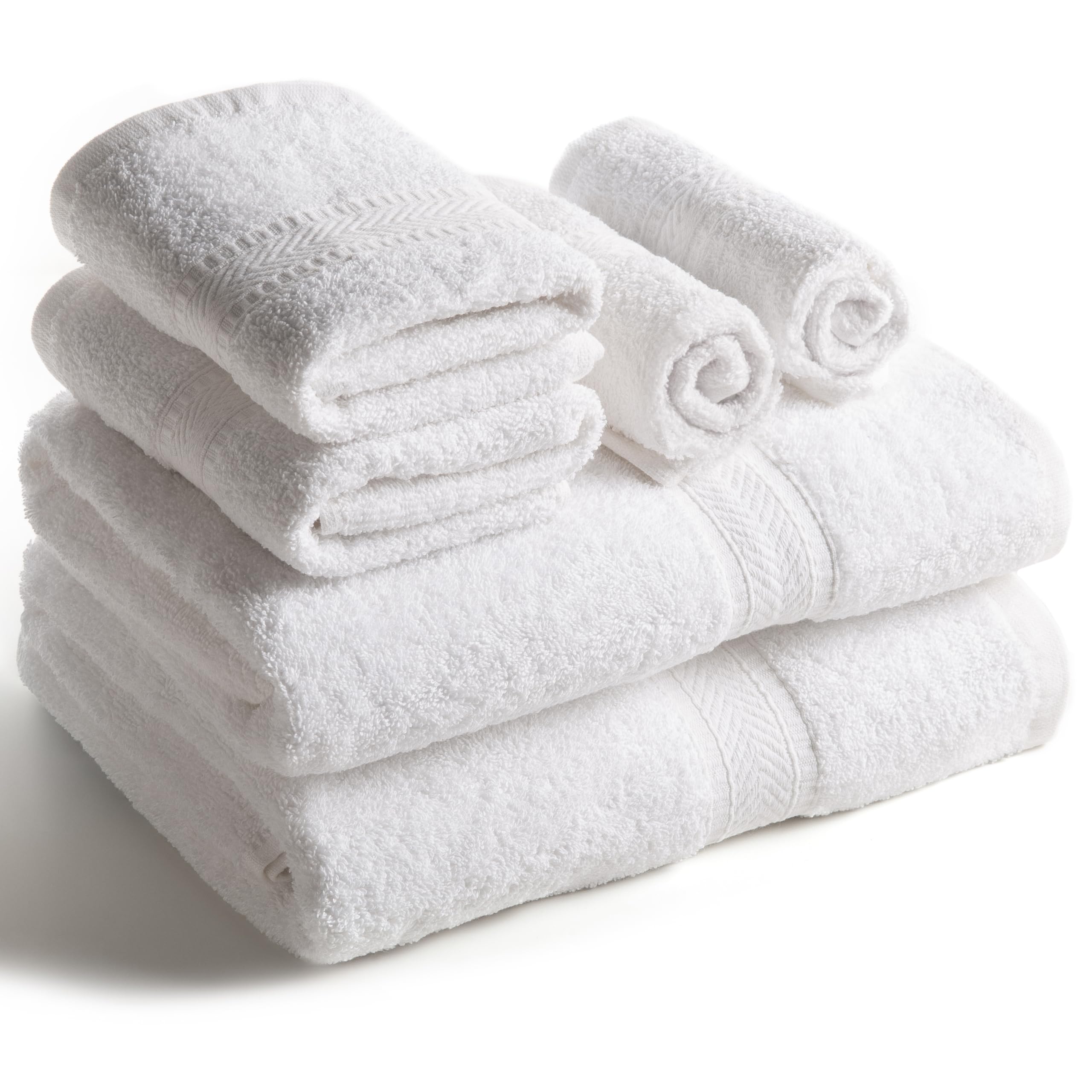 SweetNeedle 6 Piece Towel Set - 2 Bath Towels, 2 Hand Towels and 2 Washcloths Cotton Daily Use Hotel Spa Quality Soft Highly Absorbent Quick Dry Light Weight (White)
