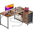 PRAISUN 43.3" Small Computer Desk with Power Outlets and USB-C Port, Reversible L Shaped Corner Office Desk with 4 Fabric Drawers and 2 Height-Adjustable Shelves, for Gaming Writing, Rustic Brown