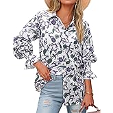 Linen Shirts for Women Button Down Shirt Summer V Neck Collared Long Sleeve Smocked Cuffed Floral Casual Cute Blouse Top