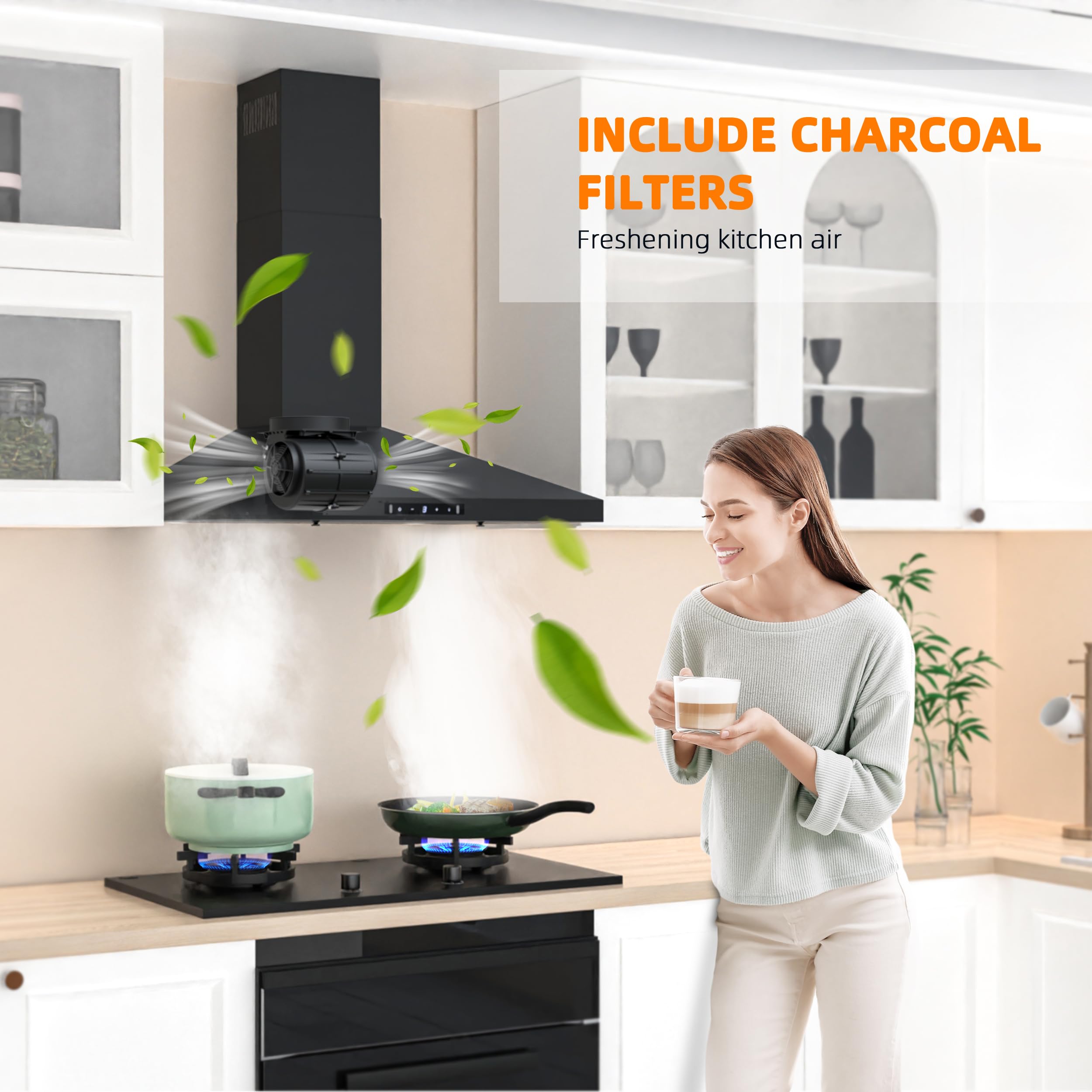 FIREGAS Black Range Hood 30 inch, 450 CFM Wall Mount Range Hood with Ducted/Ductless Convertible, Gesture Sensing Control & Touch Control Kitchen Hood Vent, Baffle Filters, Charcoal Filters