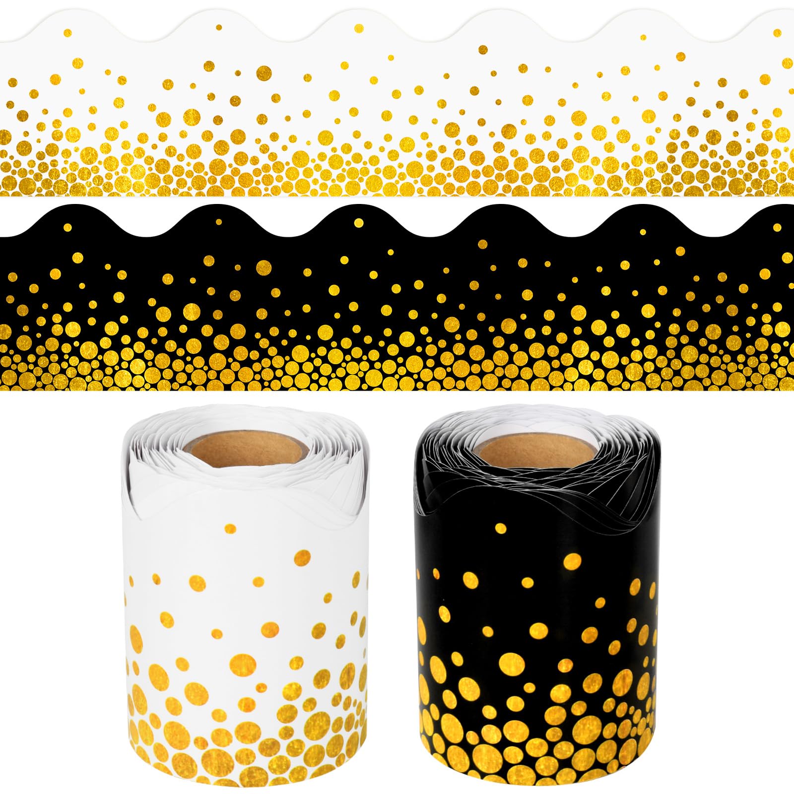 Photo 1 of 2 Rolls Spring Golden Dots Bulletin Board Borders, 65.6 Ft Gold Dots Scalloped Border Trim for Home Office School Classroom Bulletin Board Wall Chalkboard Decor