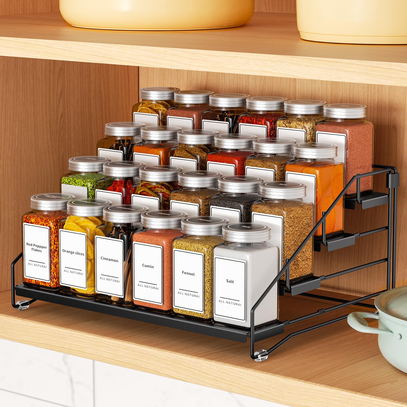 4 Tier Spice Rack for Cabinet, Spice Rack Organizer, Depth Adjustable Spice Holder for Countertop, Cupboard, Pantry, Seasoning Shelf, Metal, Black (1 Pack)