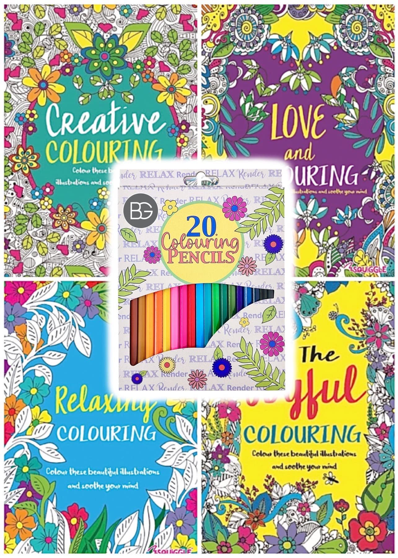 BG Colour Therapy Anti-Stress Adult Colouring Books Set of 4 + 20 Premium Colouring Pencils - Choose Your Set (SET 5)