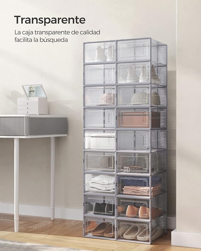 Cajas de Zapatos Plástico, Juego de 18 Organizadores de Almacenamiento, Caja Zapatero Plástico Plegable y Apilable para Zapatillas hasta talla 44, Transparente y Gris LSP006G18