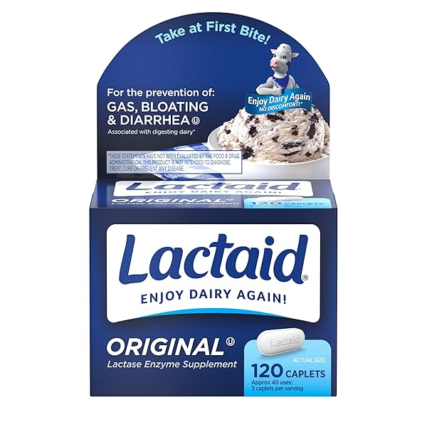 LACTAID ORIGINAL STRENGTH LACTOSE INTOLERANCE CAPLETS, 9000 FCC LACTASE ENZYME CAPLETS, HELPS PRE-VENT GAS, BLOATING & DIARRHEA DUE TO LACTOSE SENSITIVITY IN ADULTS & KIDS AGES 4+, 120 COUNT