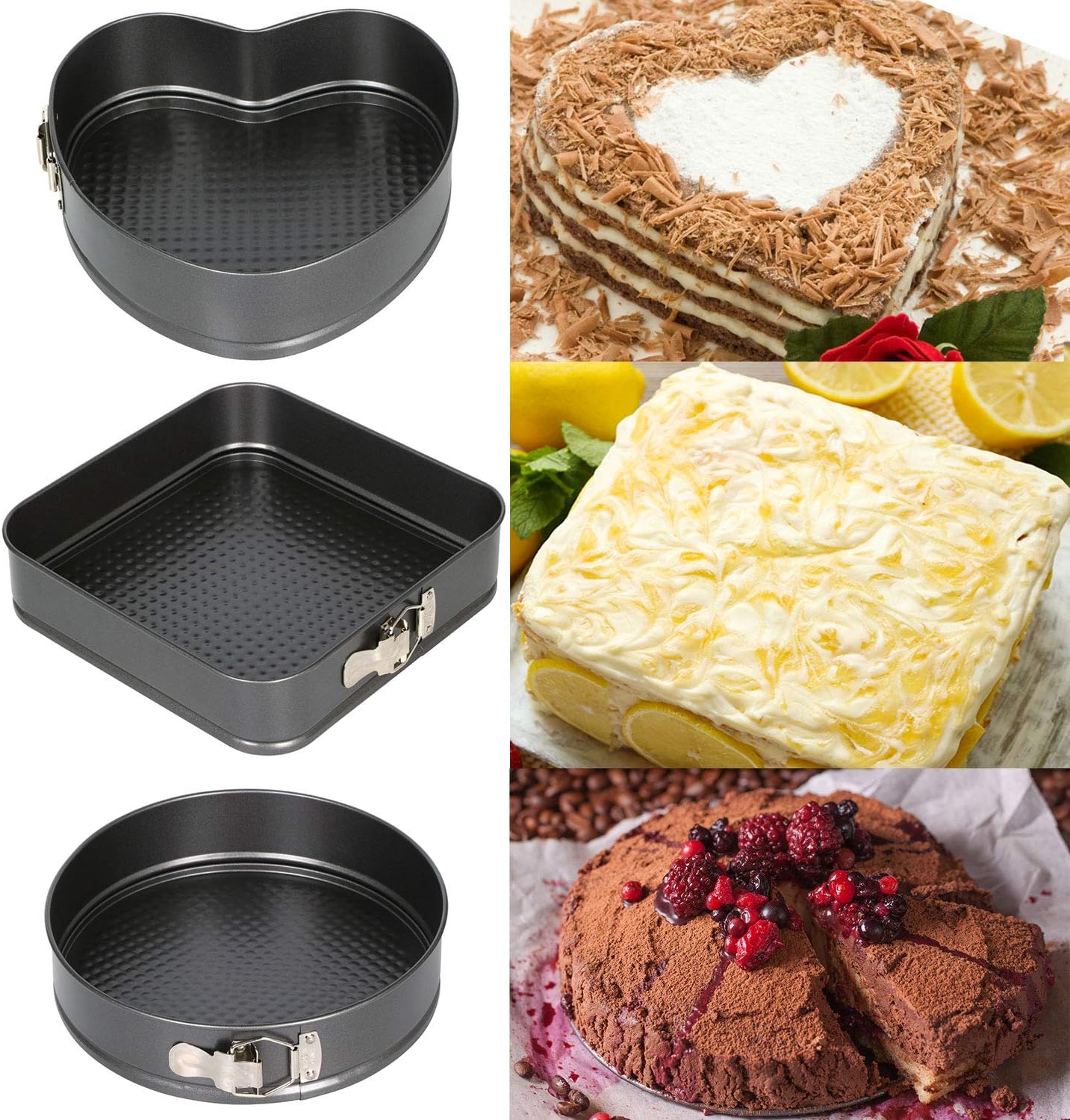 TRIXES Spring Form Cake Tin, Set of 3, Heart Square Round Shapes with Loose Base, Quick Release Springform Shapes - Image 5