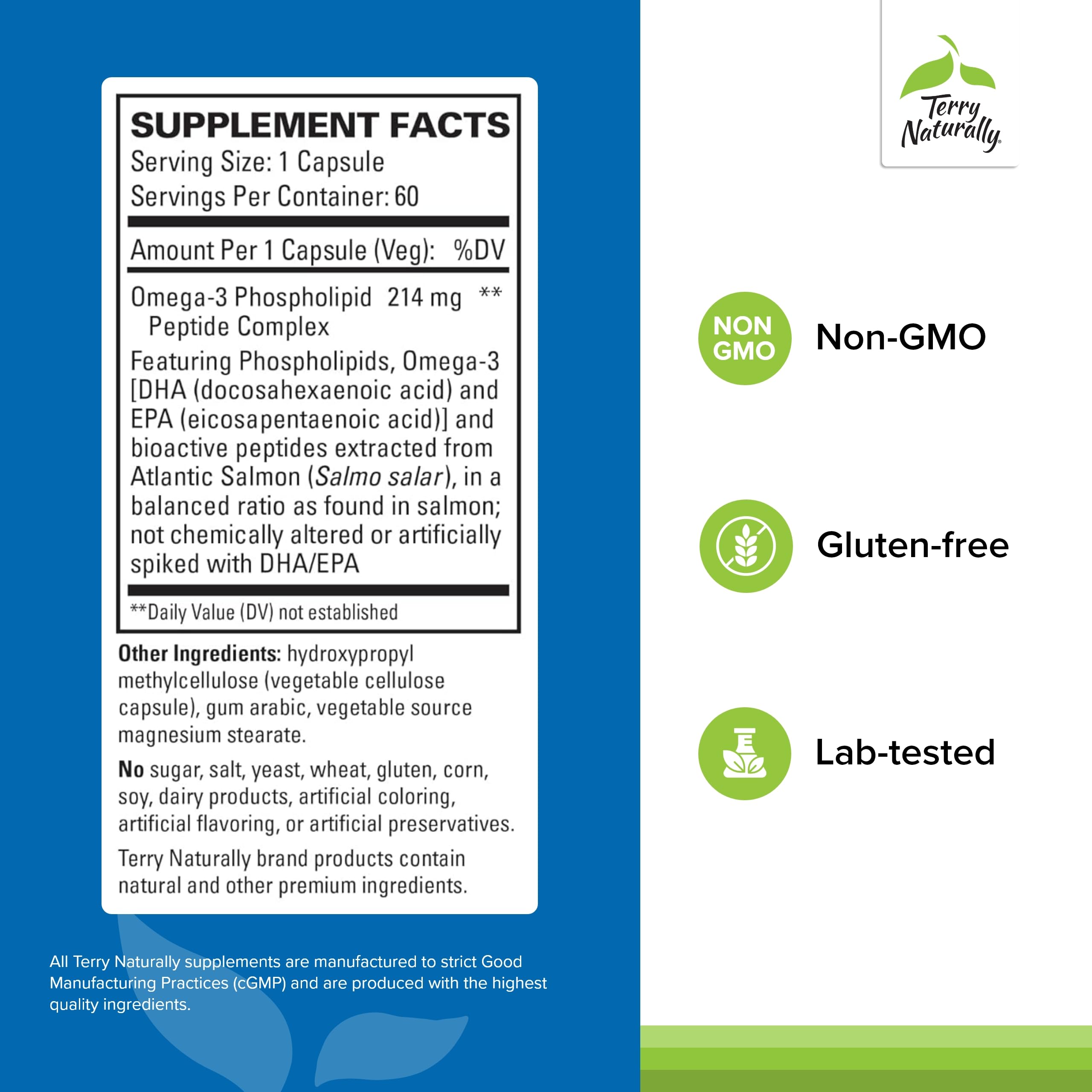 Terry Naturally Vectomega - Dietary Supplement with EPA & DHA - Omega-3 Tablets for Brain & Heart Health Support - Nutritional Supplement with Essential Fatty Acids & Peptides - 60 Capsules