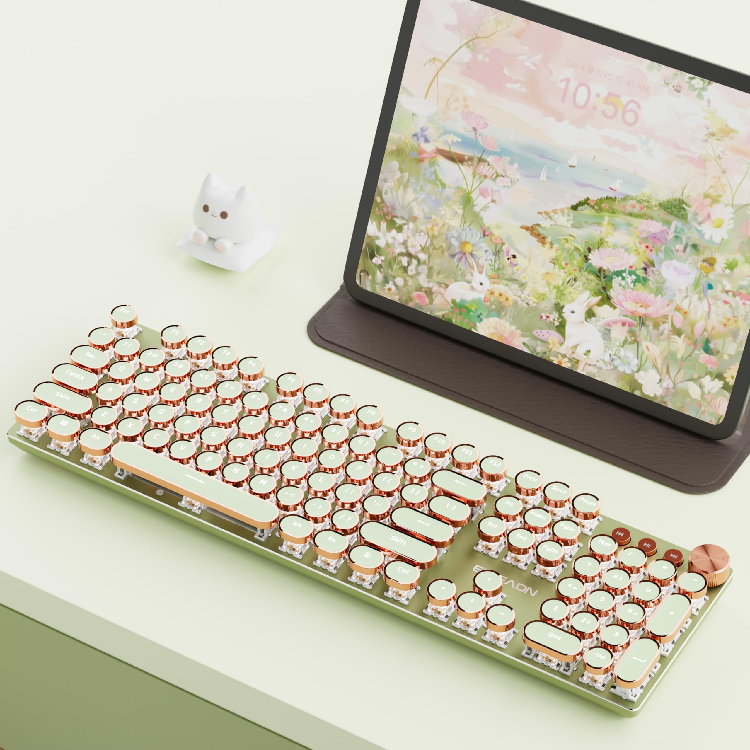 Photo 1 of EWEADN V20 Typewriter Keyboard Wireless, 104 Keys Typewriter Style Mechanical with White Backlit, Media Knob, Pink Switch 2.4G/Bluetooth/USB-C Wired Retro Full Size Keyboard for Windows/Mac/PC-Green