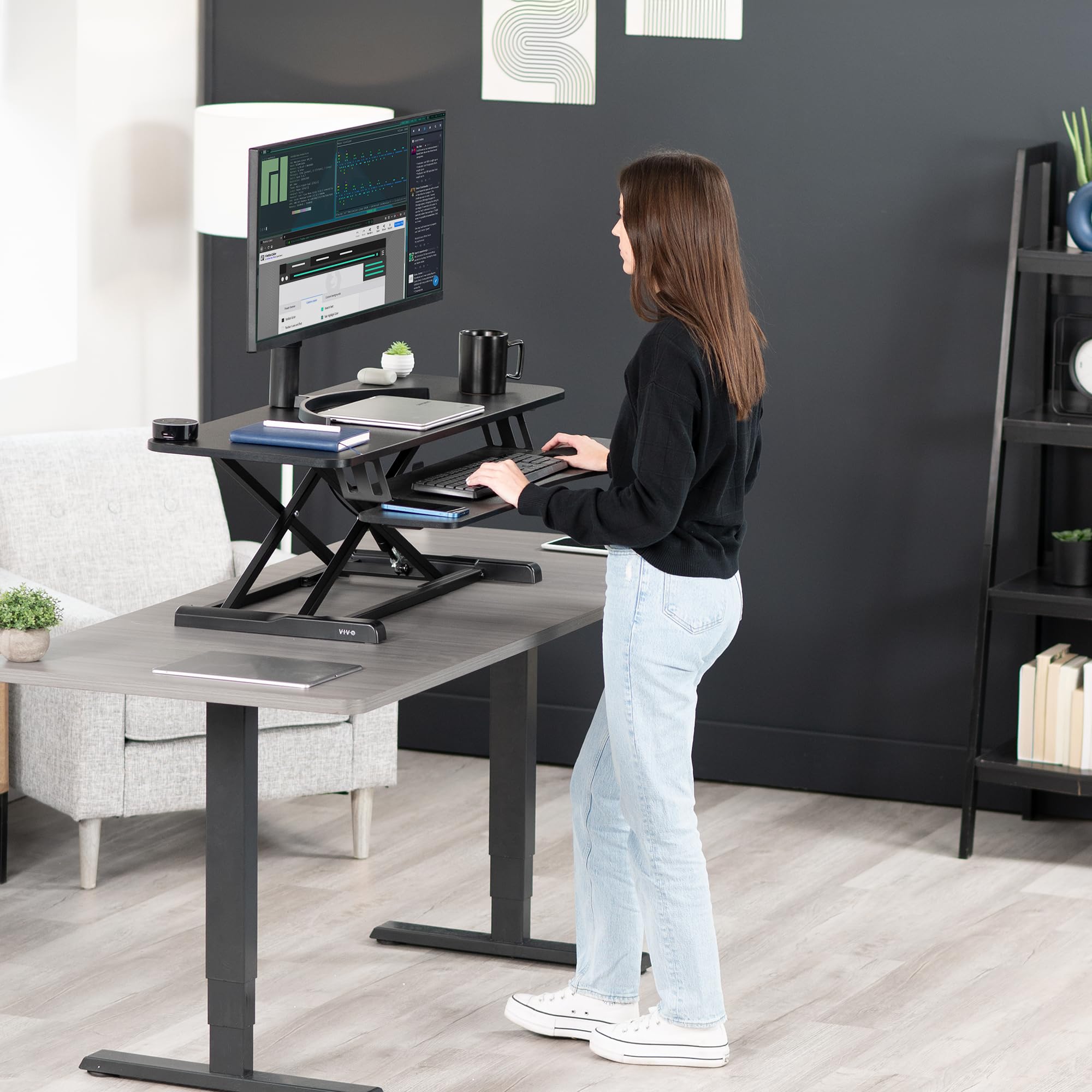 VIVO 42 inch Desk Converter, K Series, Height Adjustable Sit to Stand Riser, Dual Monitor and Laptop Workstation with Wide Keyboard Tray, Black, DESK-V042KB