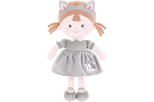 Onetoo Baby Doll First Baby Doll Soft Baby Doll for Girls Plush Rag Doll Wear Kitty Costume Gray Dress 14"