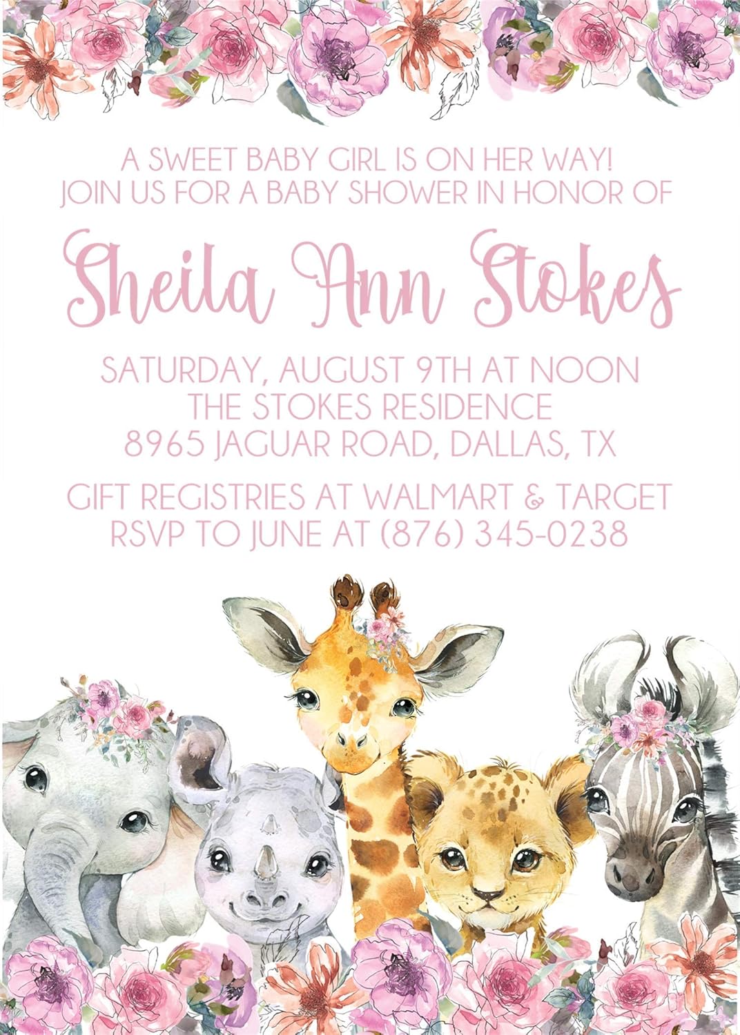 Girls Safari Animals Baby Shower Invitations With Envelopes