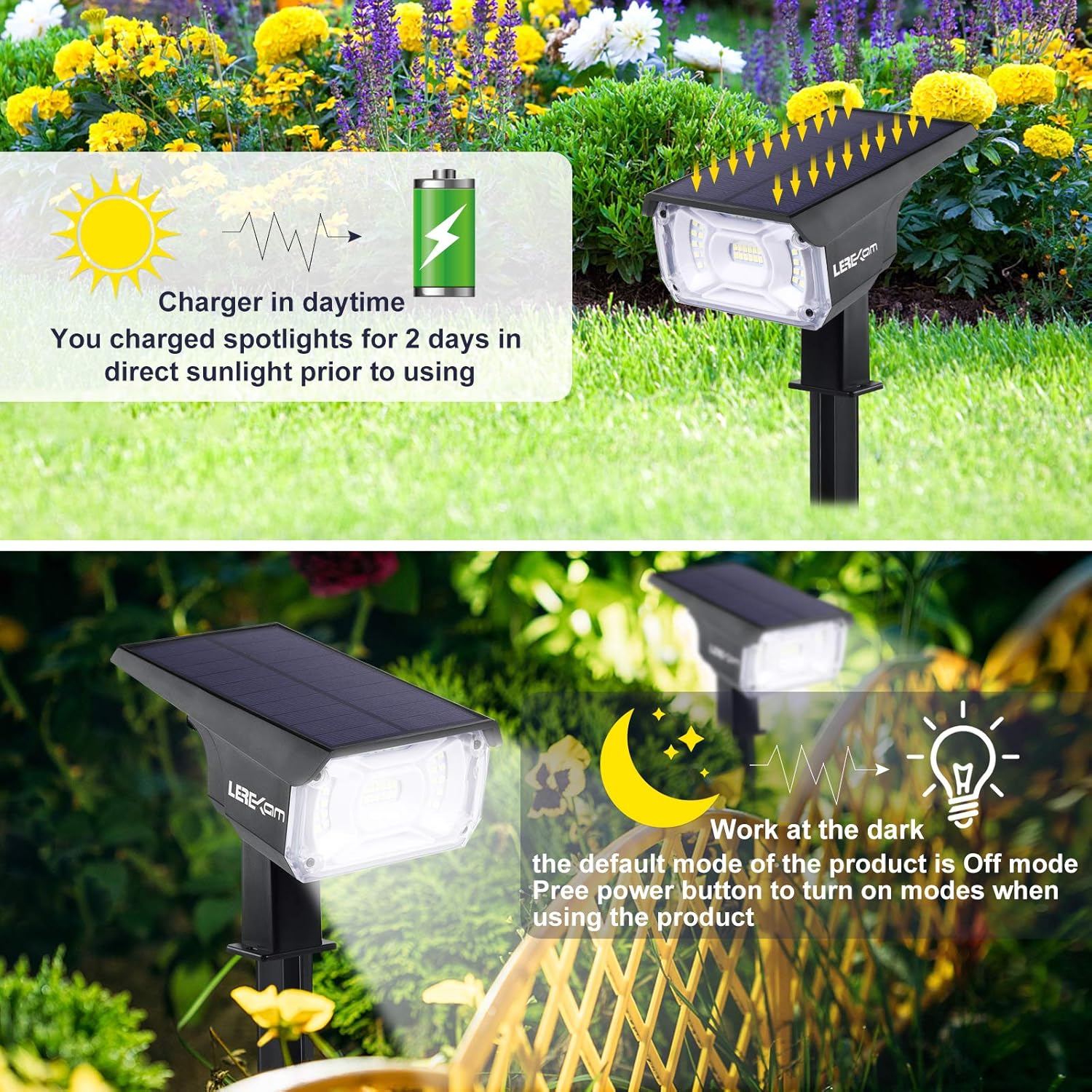 LEREKAM Solar Spot Lights Outdoor, IP65 Waterproof 40 LEDs Solar Landscape Spotlights, USB & Solar Powered Wall Lights Dark Sensing Auto On/Off, 3 Modes Outdoor Solar Garden Lights for Yard Porch 2 Pack - - 