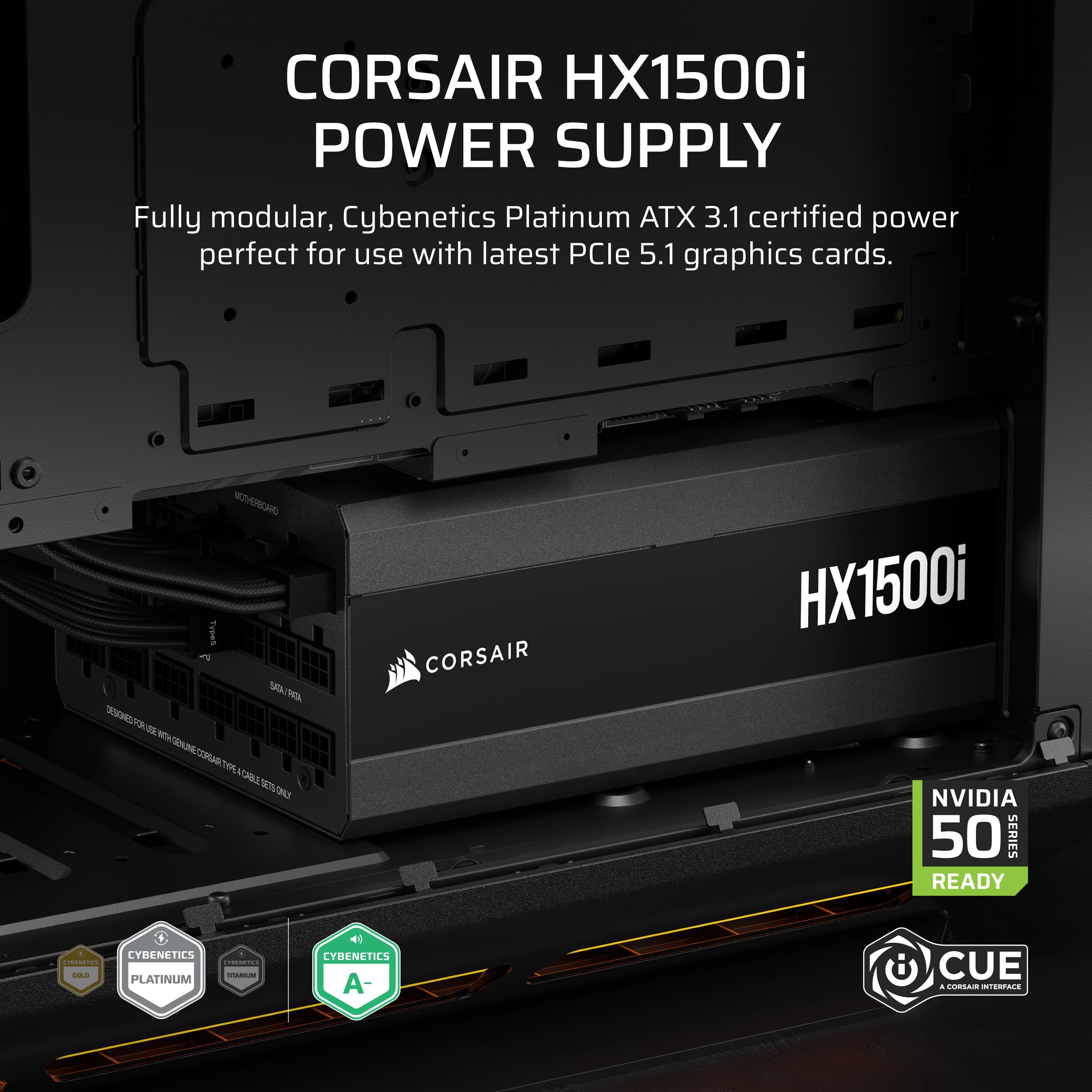 CORSAIR HX1500i (2025) Fully Modular Ultra-Low Noise ATX Power Supply with 12V-2x6 Cable – ATX 3.1 & PCIe 5.1 Compliant, Cybenetics Platinum Efficiency, Fluid Dynamic Bearing Fan – Black