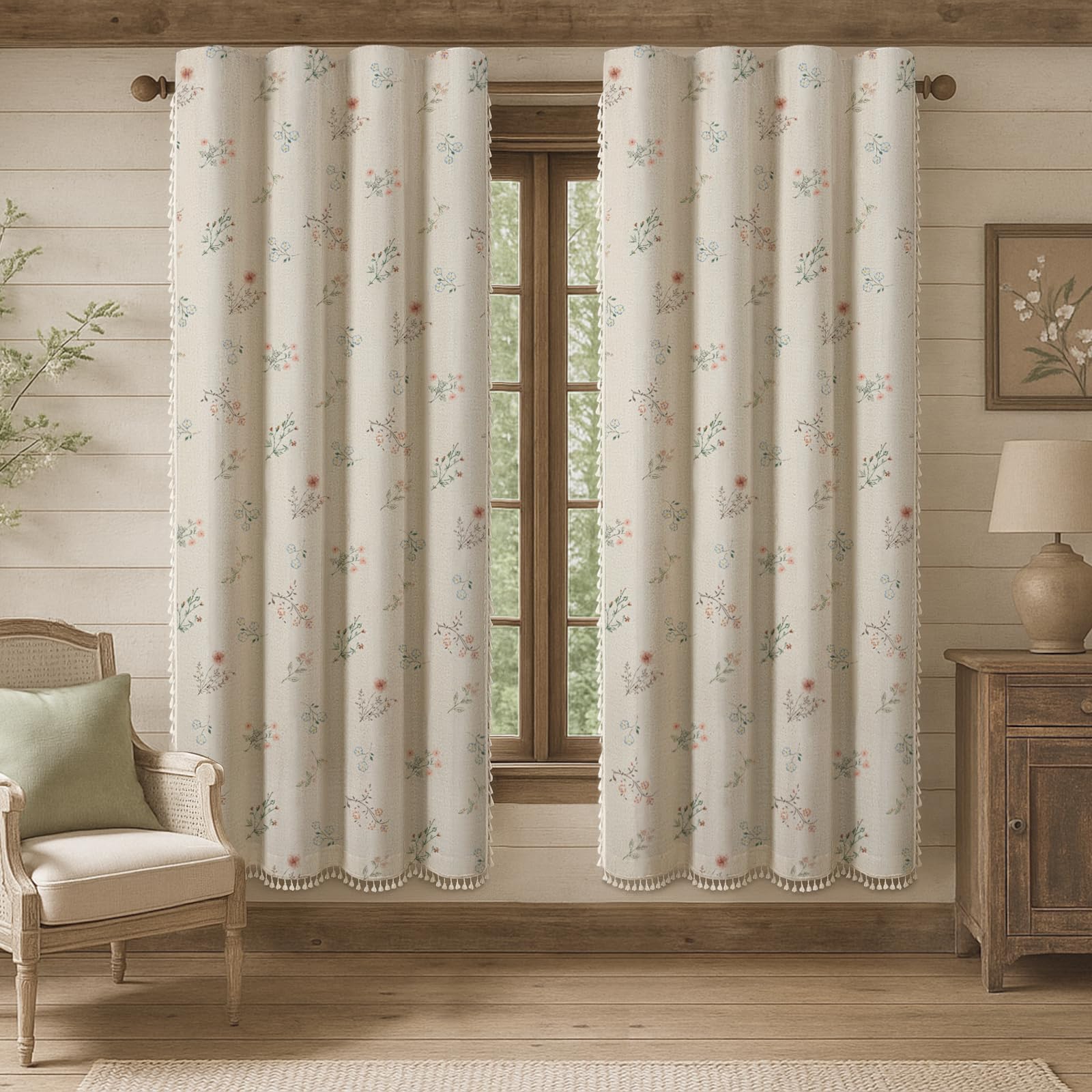 XOGUIBO Boho Floral 100% Blackout Curtains 72 Inch Length 2 Panels Set, Linen Texture Farmhouse Curtains Beige Tassel for Living Room Bedroom Vintage Rustic Patterned Printed Western Rod Pocket