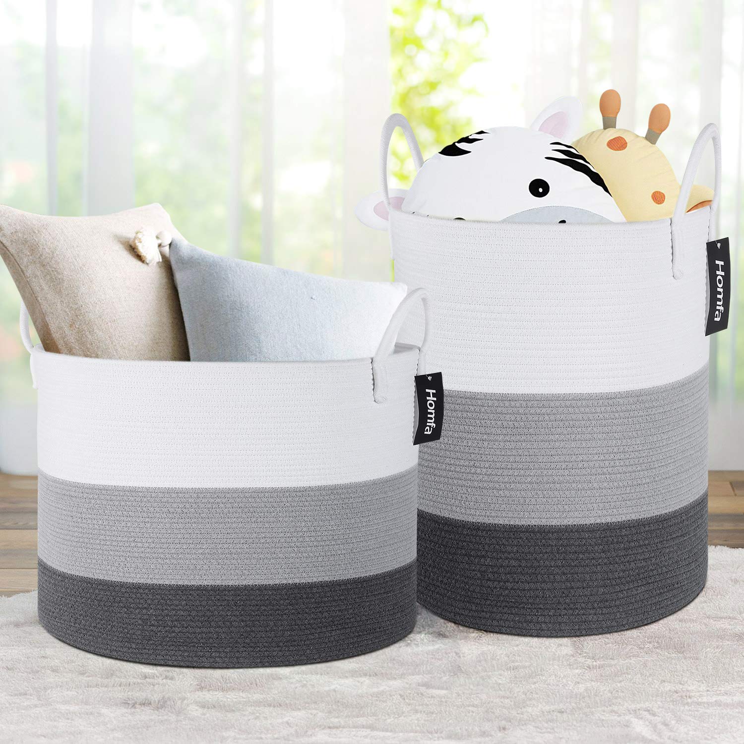 Homfa Wäschekorb 2er Set Aufbewahrungskorb aus Baumwollseil mit Griffen faltbar Weiß Grau