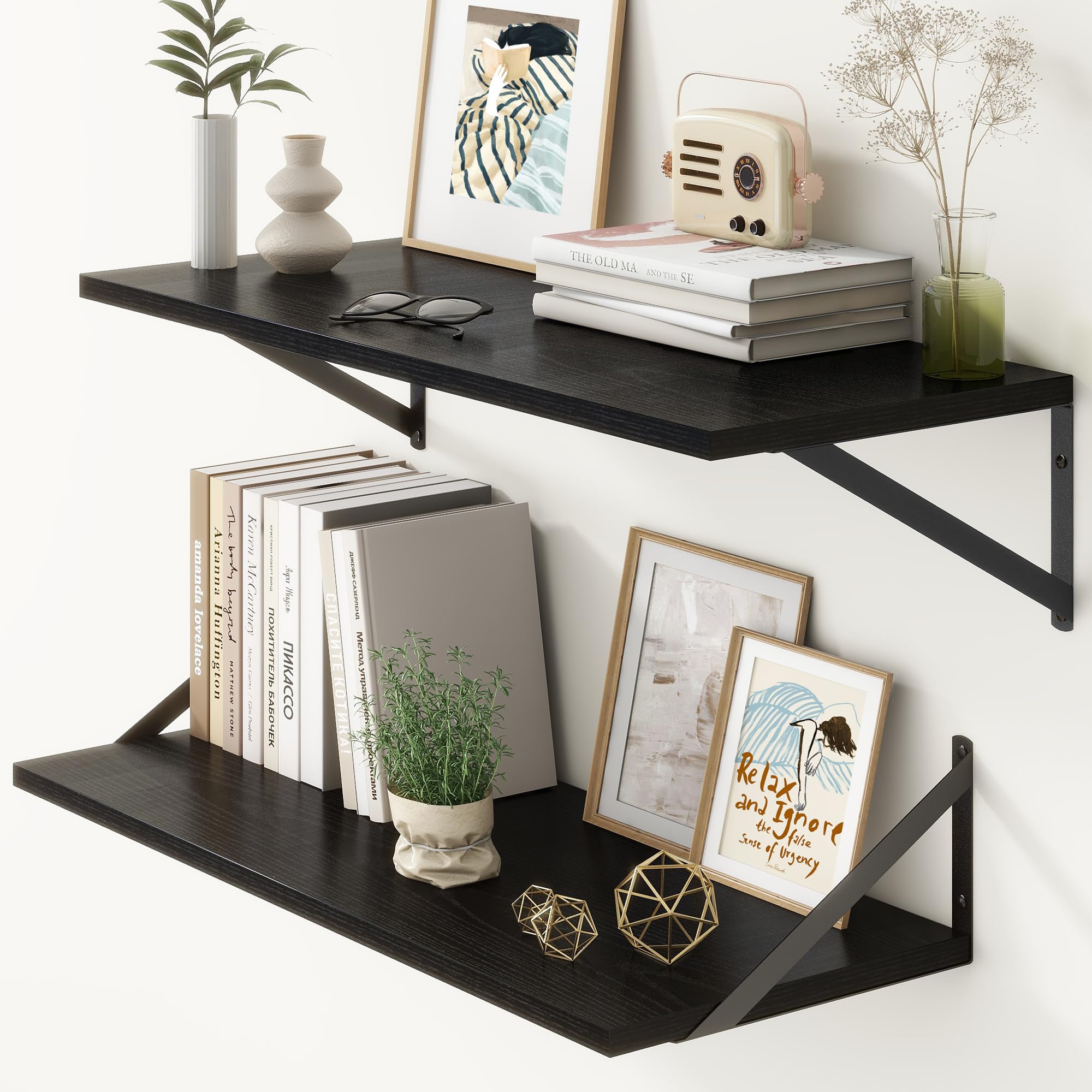 Photo 1 of 12 Inch Deep Floating Shelves, 30W x 12D Wall Shelves with Brackets, Black Floating Shelves 30 Inch Long, Rustic Wood Wall Shelf, Wide Storage Display Shelf for Kitchek, Living Room, Bathroom