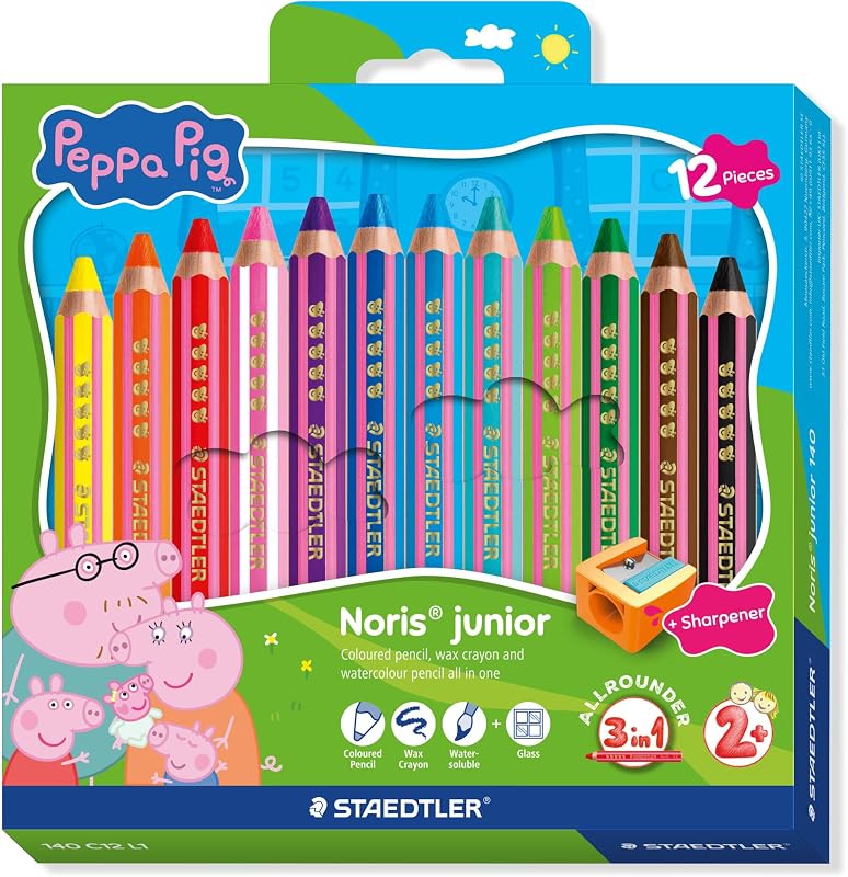 Noris junior matite colorate Peppa Pig set da 12 – matite 3 in 1 pastello a cera e acquerellabile per diverse superfici – mine extra morbide per colori intensi